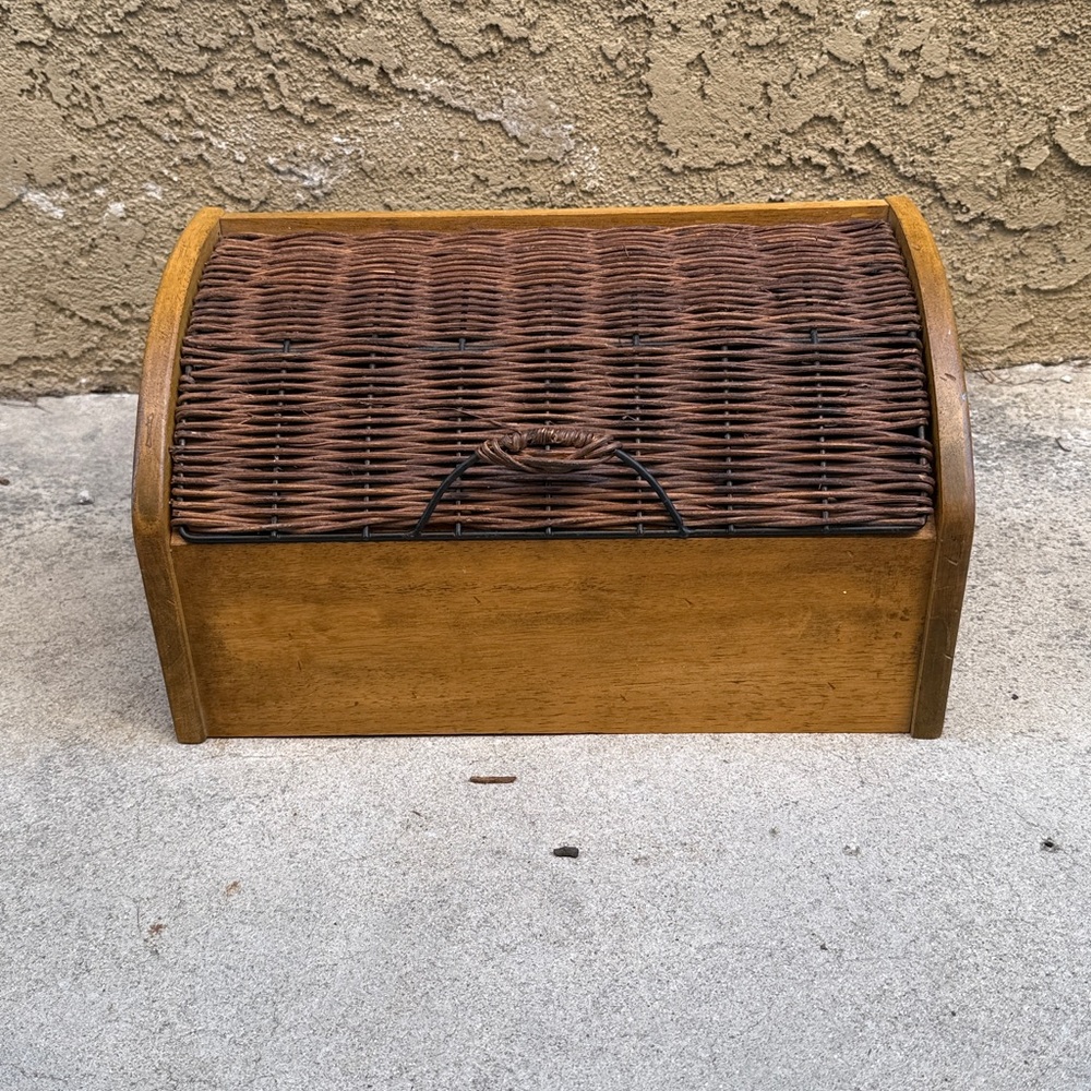 Vintage Half  Circle Wood and Wicker Storage Box